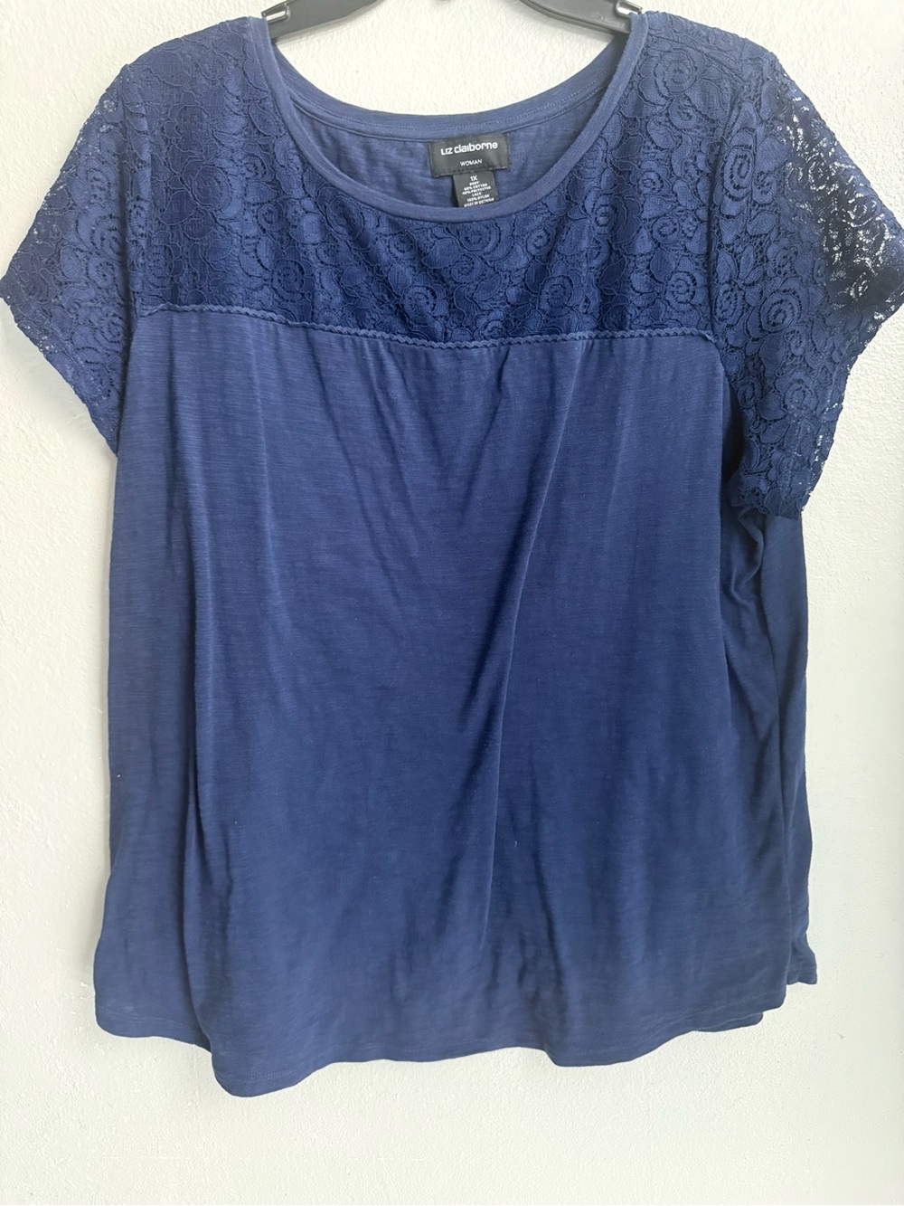 Liz Claiborne Navy Short Sleeve Lace Yoke Tee 1X